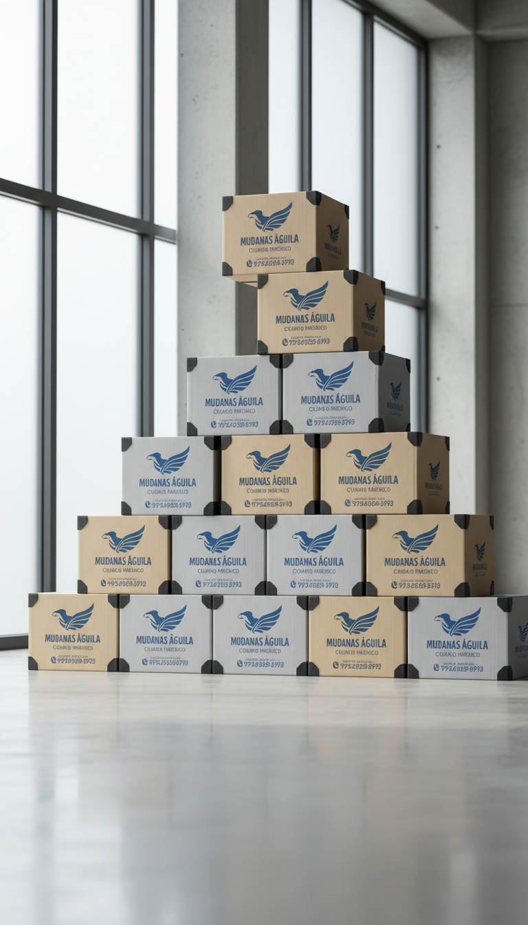 A meticulously packed stack of sturdy, light gray and beige moving boxes, each featuring reinforced corners and professional moving company branding. The boxes are arranged with geometric precision on a clean, polished concrete floor in a modern, well-organized warehouse. Soft, diffused natural light streams in through large frosted windows, illuminating subtle textures and casting gentle, balanced shadows for a corporate, professional mood. Shot at eye-level with sharp focus throughout, centered composition and clean lines, this photographic image exudes reliability and a structured, businesslike aesthetic, perfect for establishing trust in a professional moving service in Mexico City.