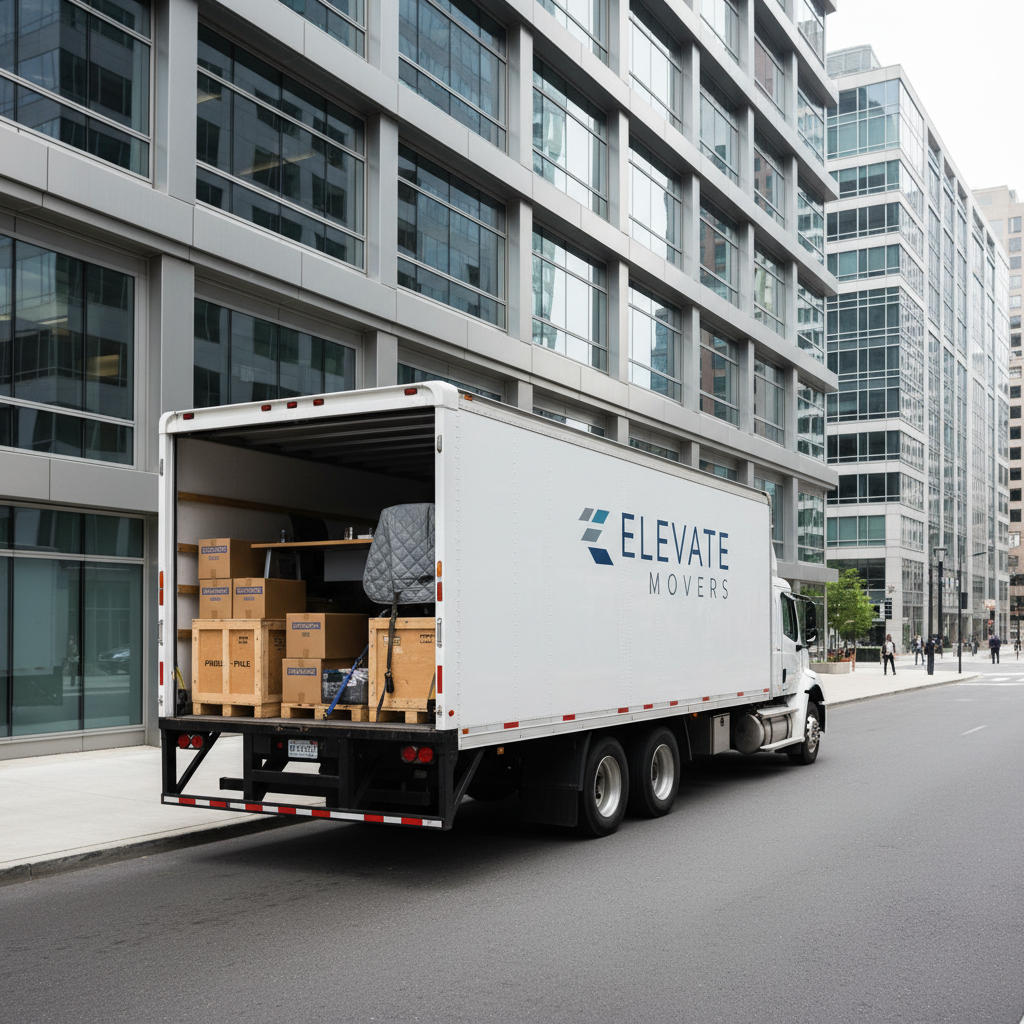 A spacious, contemporary moving truck with a sleek, reflective white exterior and subtle branding parked beside a modern office building with glass and steel architecture. The rear cargo door is open to reveal neatly packed, uniform boxes, padded furniture, and labeled crates. The setting is well-lit by overcast midday sunlight, creating neutral, even tones and minimal harsh shadows. Captured from a slightly elevated angle with rule of thirds positioning, showcasing both the vehicle and the urban city environment. The mood is efficient and organized, underlining the professional capability of the moving company, with a photographic realism and corporate, clean style.